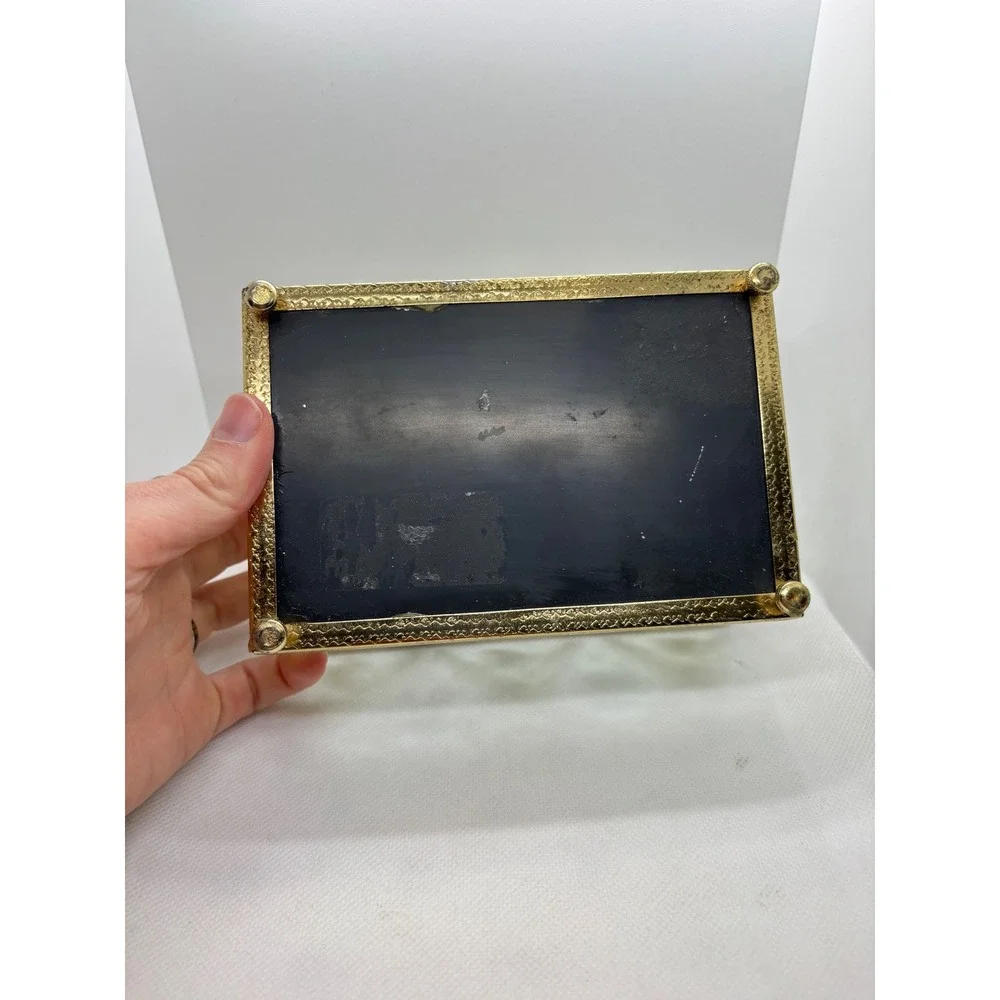 Vintage Hand Painted Glass Jewelry Box Floral Fruit Lattice Brass Trim Mirrored